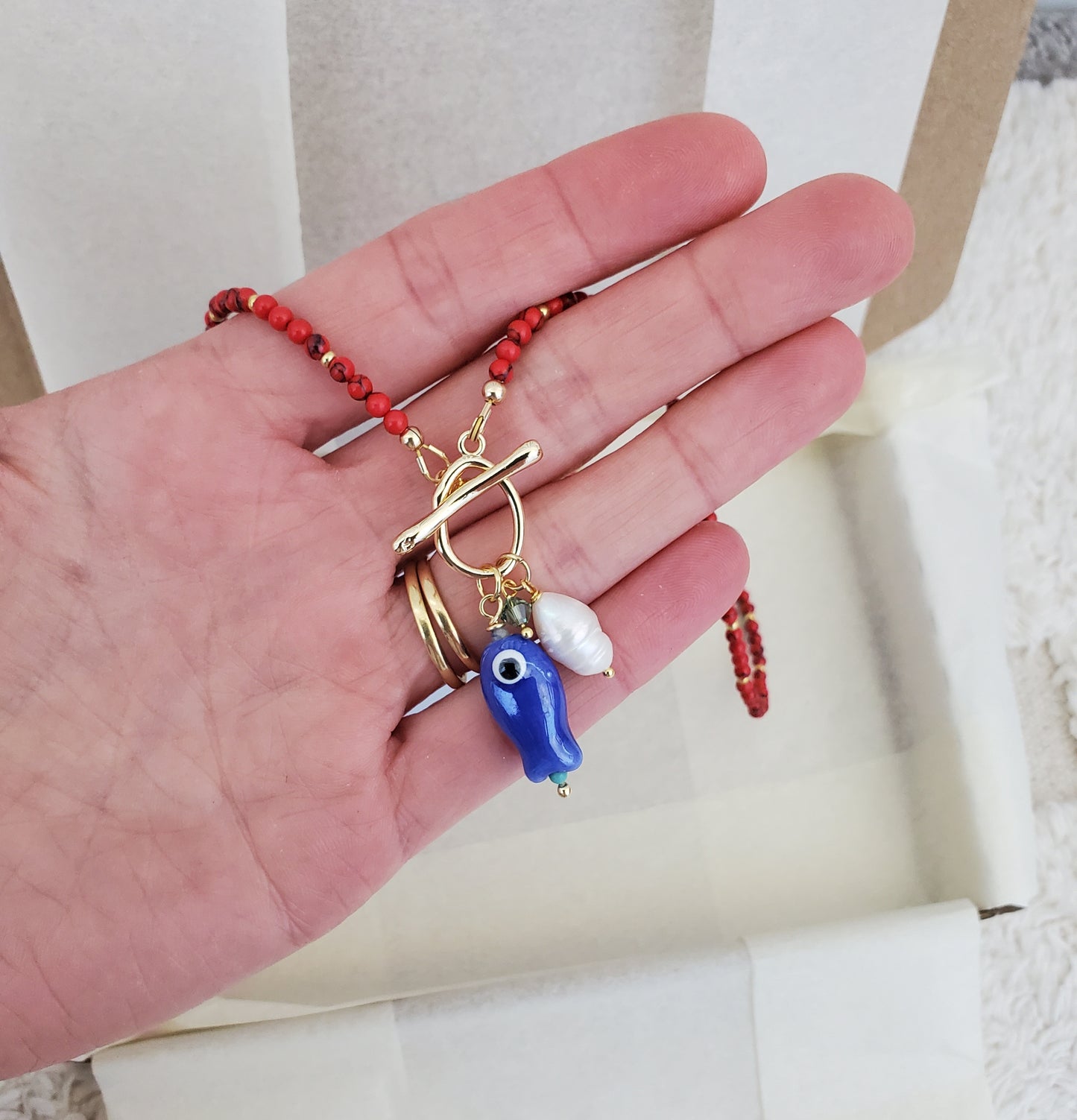 Gemstone Fish Pendant Necklace - Red