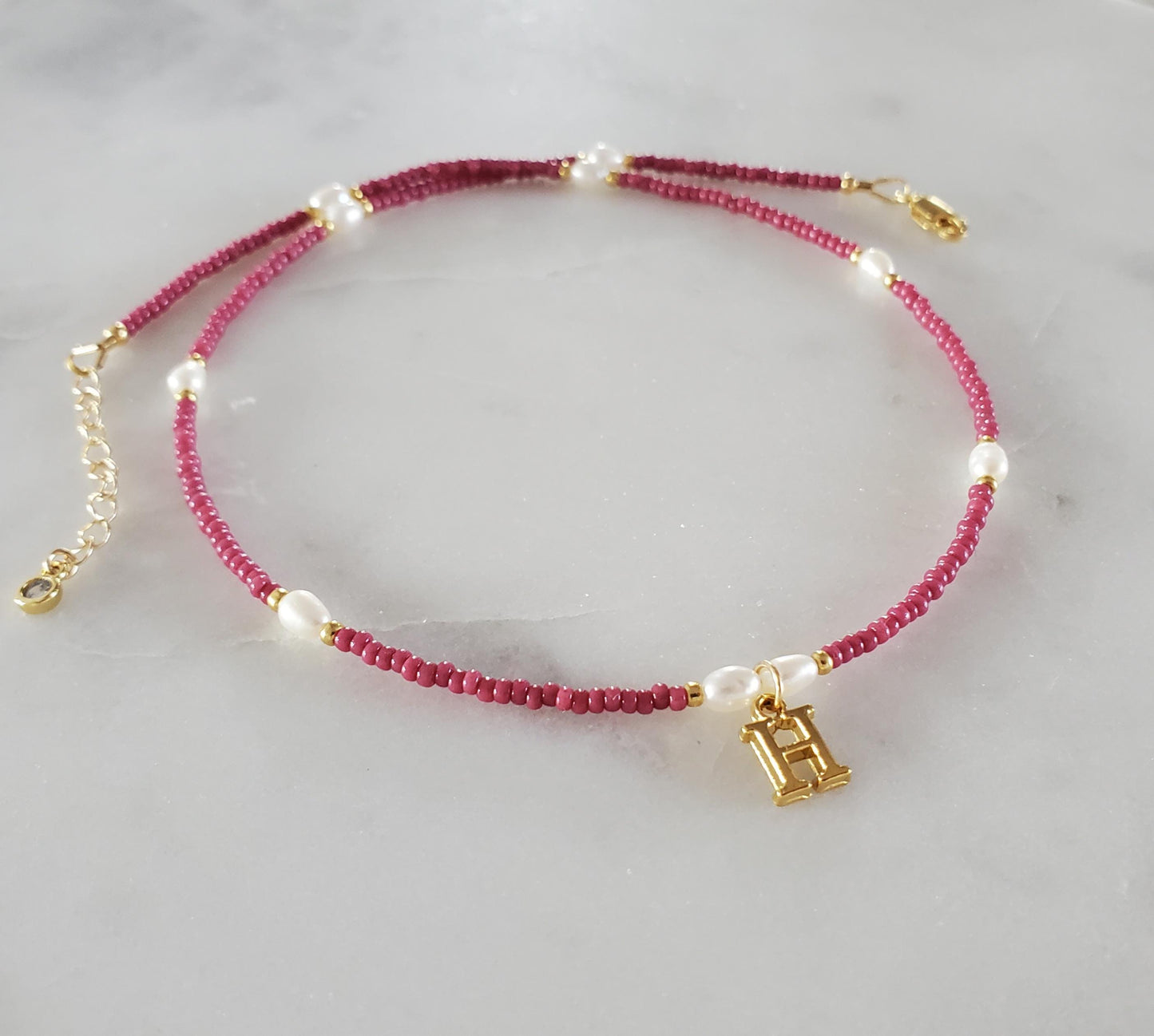 Gold Initial Purple Beaded Necklace