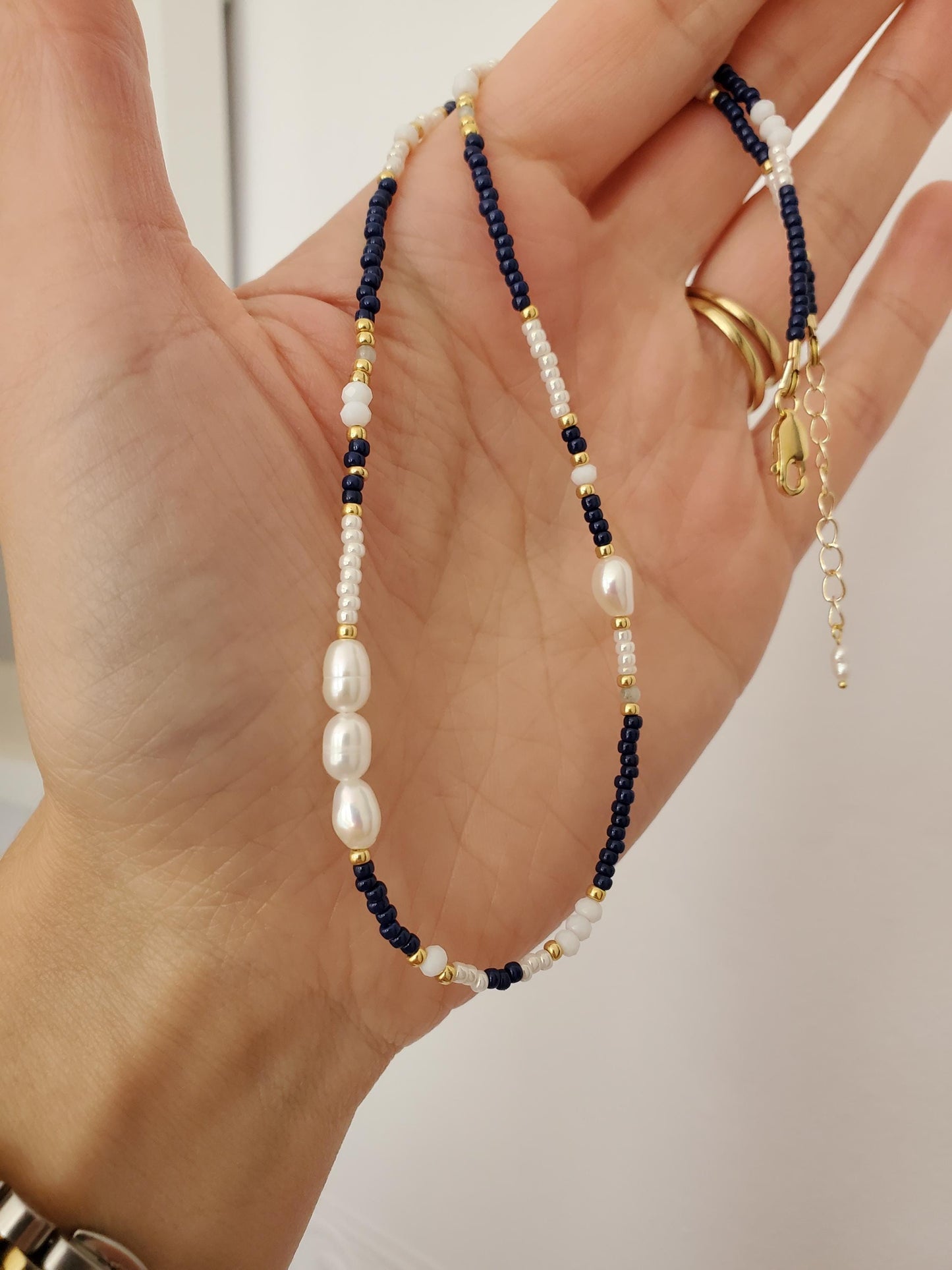 Navy Blue Mix Beaded Pearl Necklace