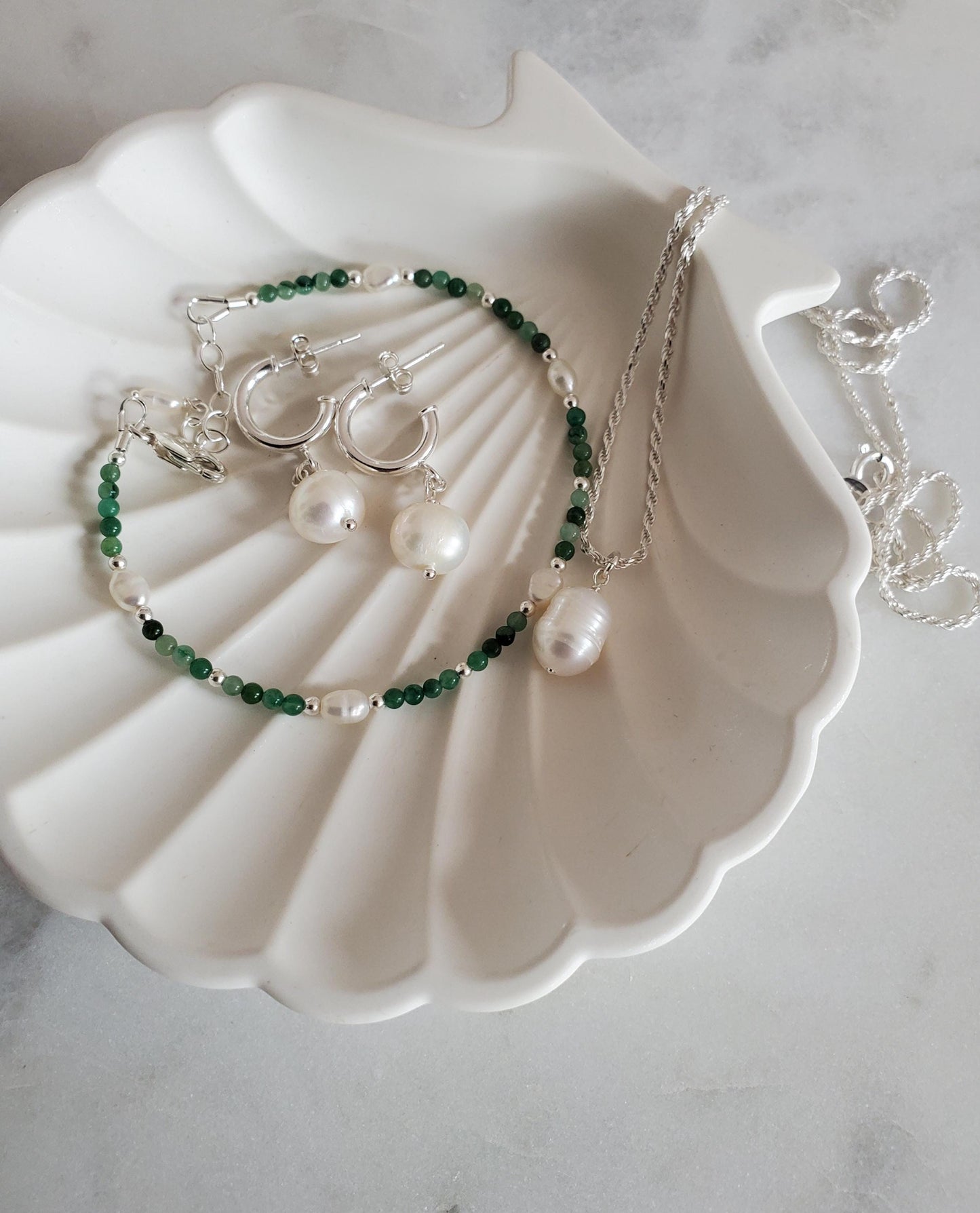 Green Jade & Pearl Beaded Bracelet - Sterling Silver