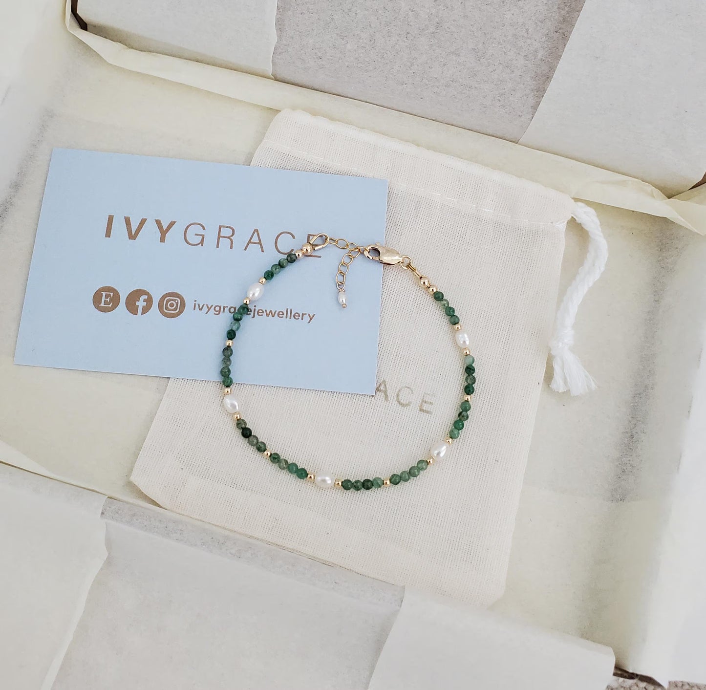 Green Jade & Pearl Beaded Bracelet - 14ct Gold-Filled