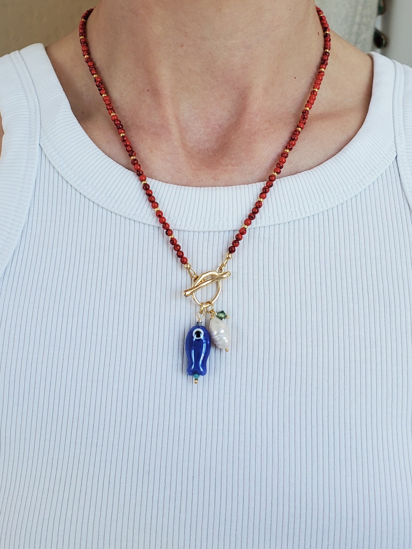 Gemstone Fish Pendant Necklace - Red