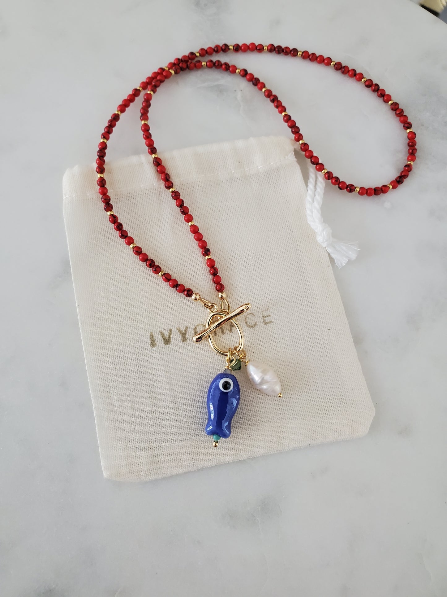 Gemstone Fish Pendant Necklace - Red