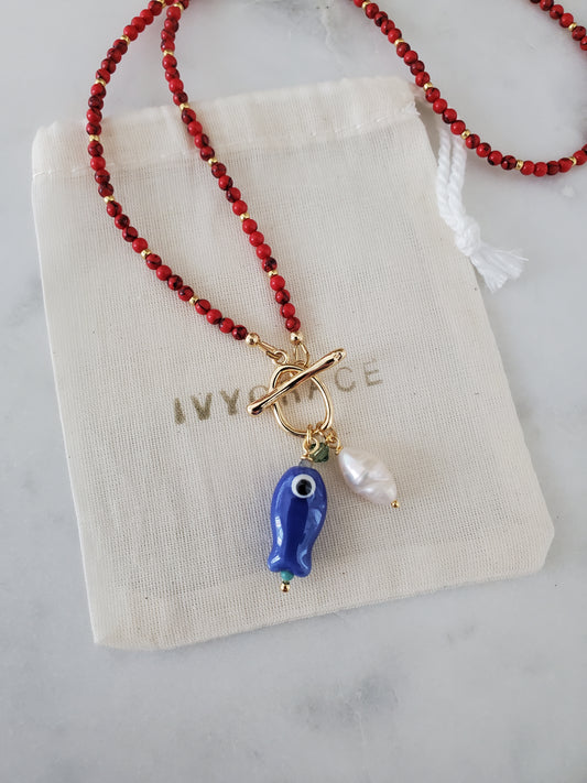 Gemstone Fish Pendant Necklace - Red