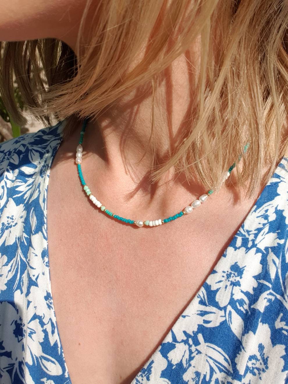 Turquoise Mix Beaded Pearl Necklace