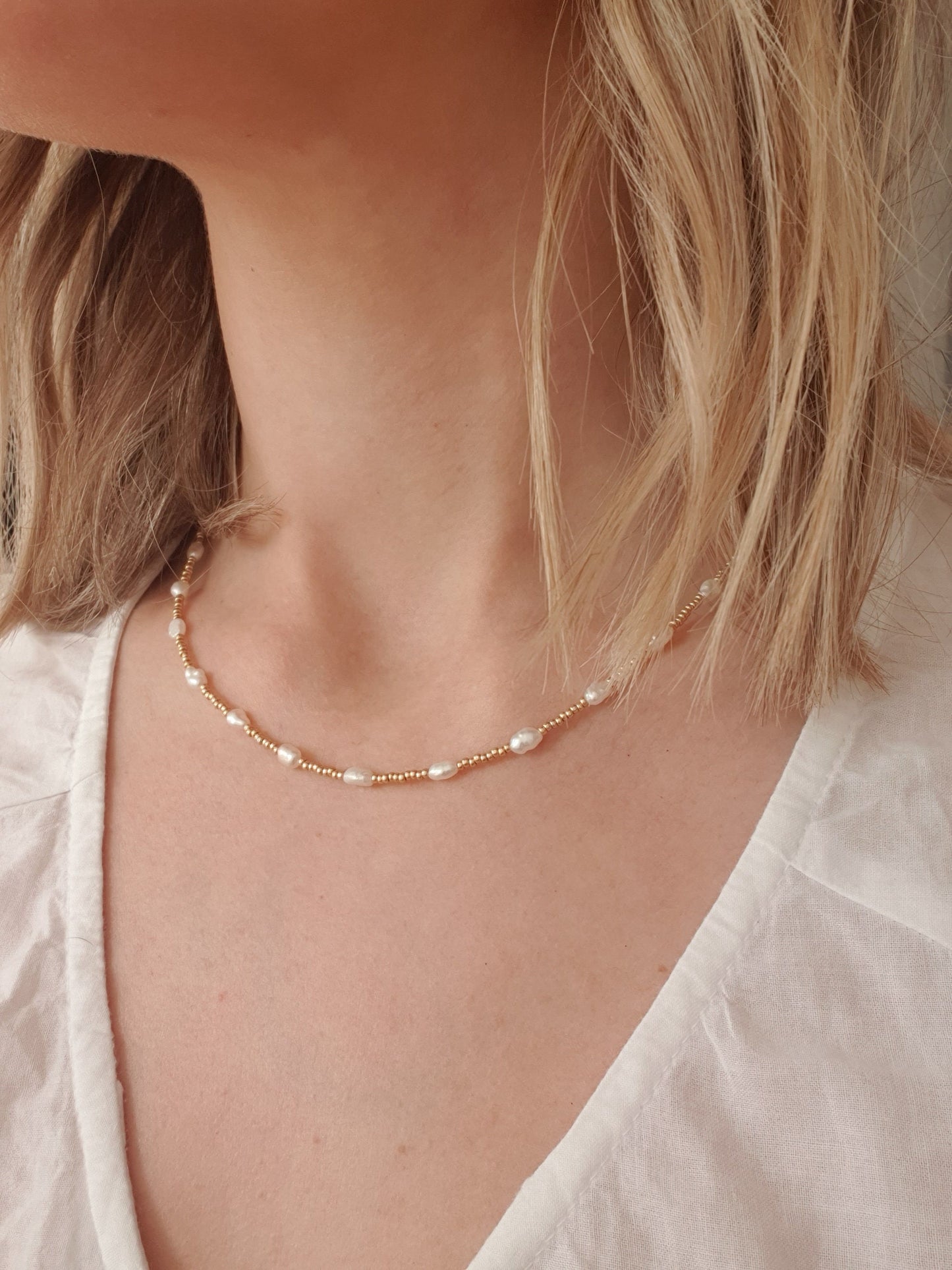 Freshwater Pearl & Gold Beaded Necklace