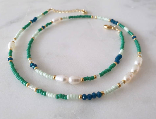 Green Mix Beaded Pearl Necklace
