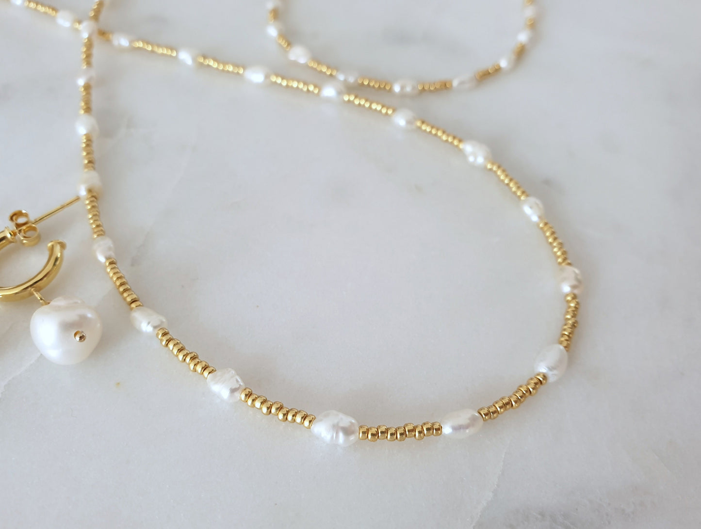 Freshwater Pearl & Gold Beaded Necklace
