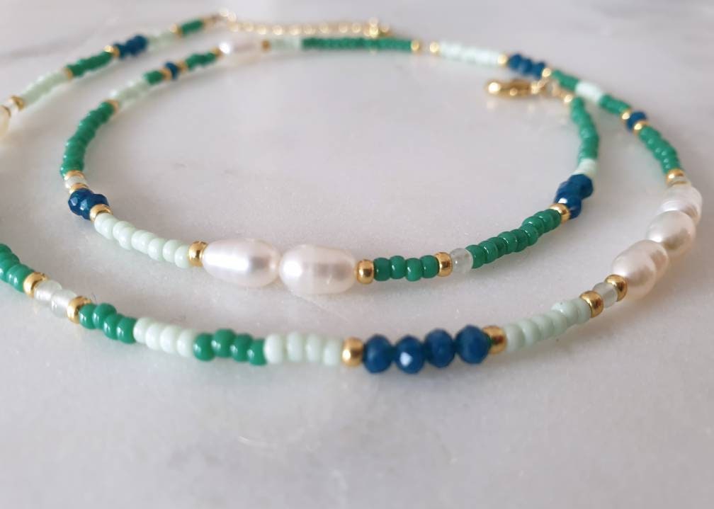 Green Mix Beaded Pearl Necklace