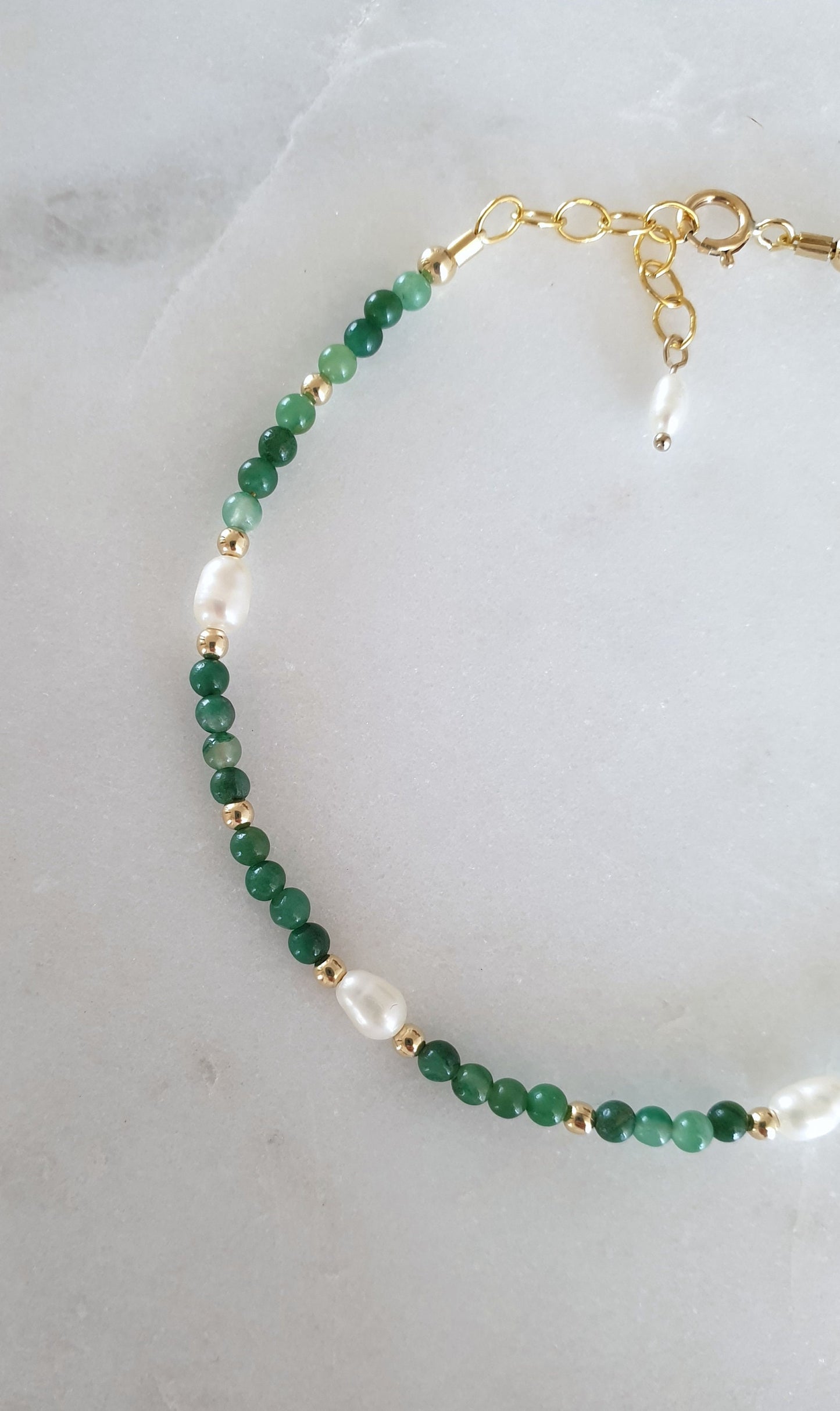 Green Jade & Pearl Beaded Bracelet  - 14ct Gold-Filled