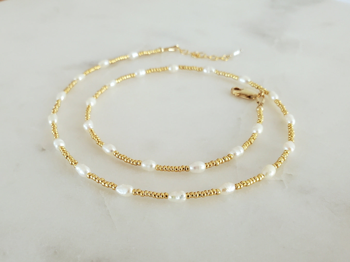 Freshwater Pearl & Gold Beaded Necklace