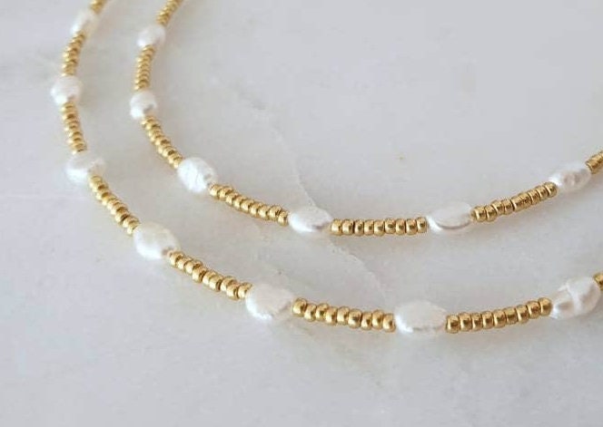 Freshwater Pearl & Gold Beaded Necklace