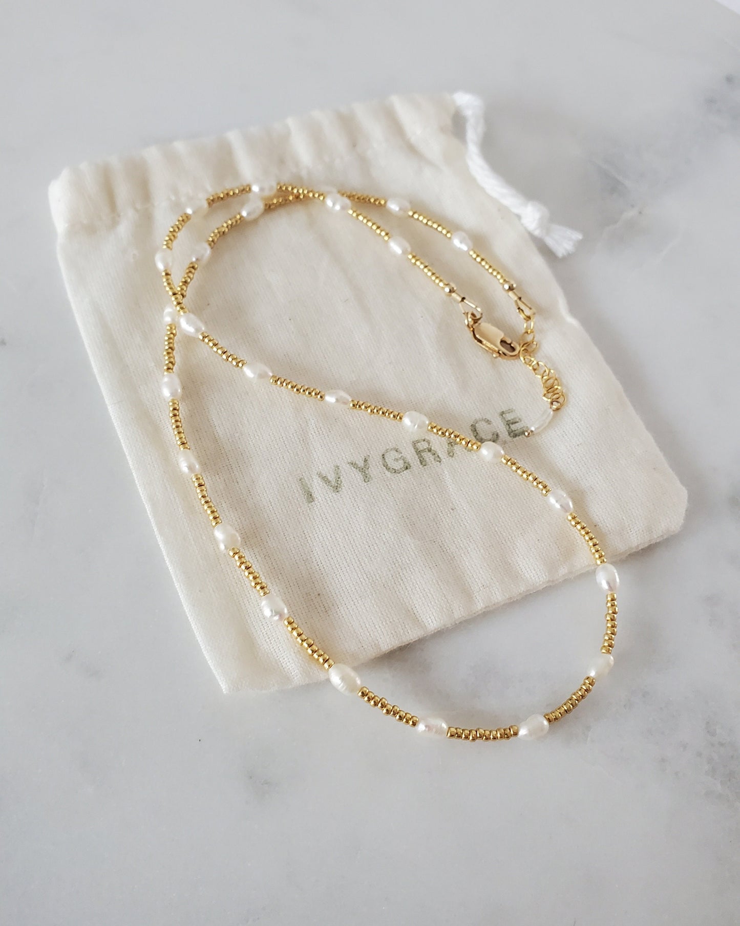 Freshwater Pearl & Gold Beaded Necklace