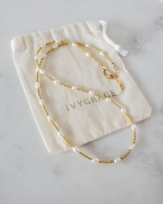 Freshwater Pearl & Gold Beaded Necklace