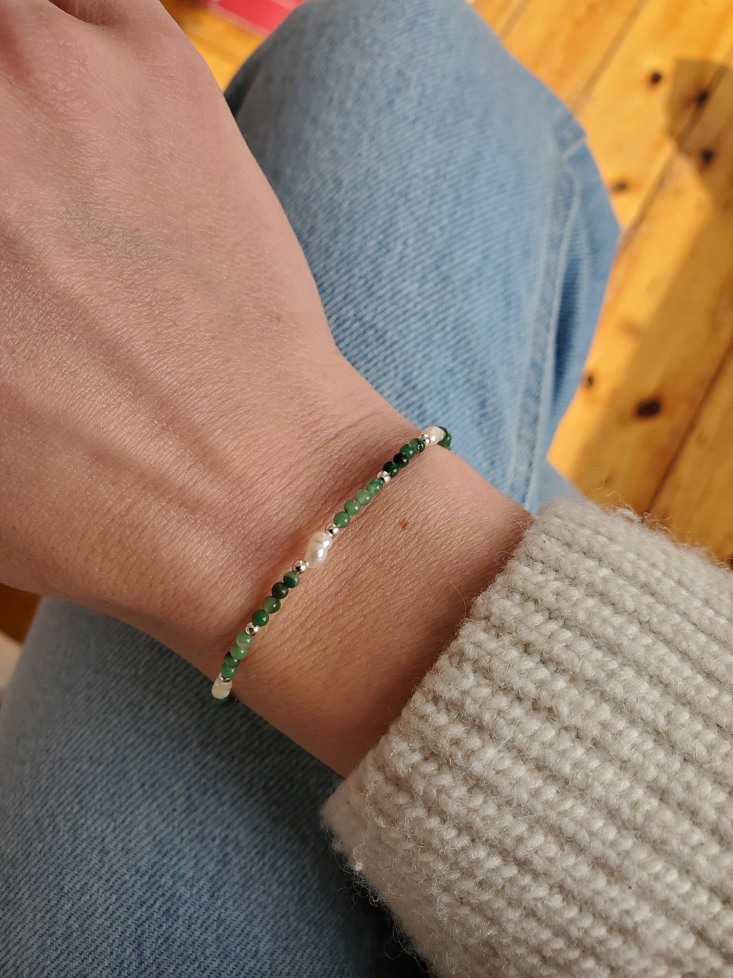 Green Jade & Pearl Beaded Bracelet - Sterling Silver