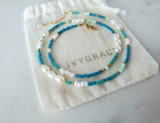 Turquoise Mix Beaded Pearl Necklace