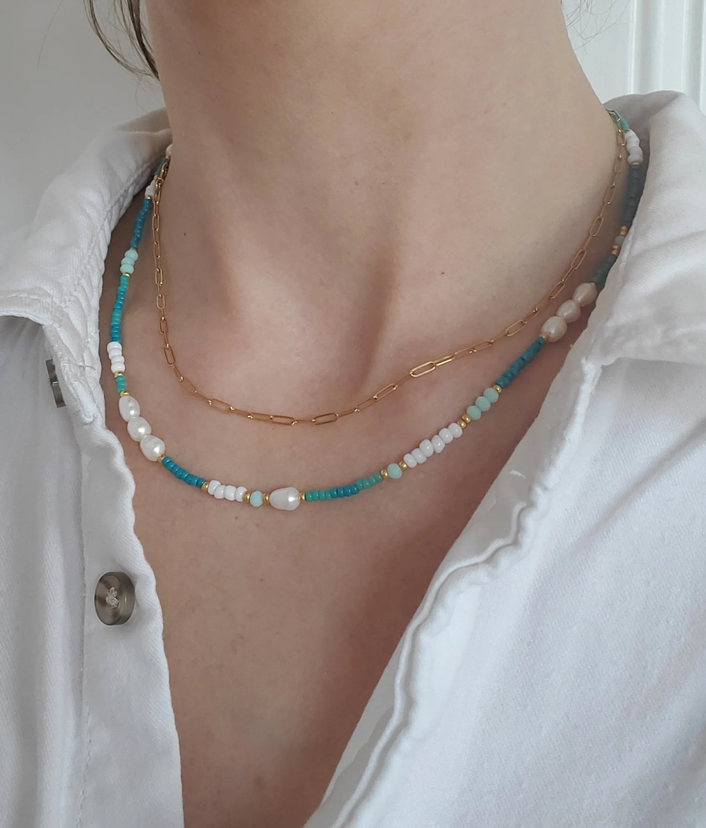 Turquoise Mix Beaded Pearl Necklace
