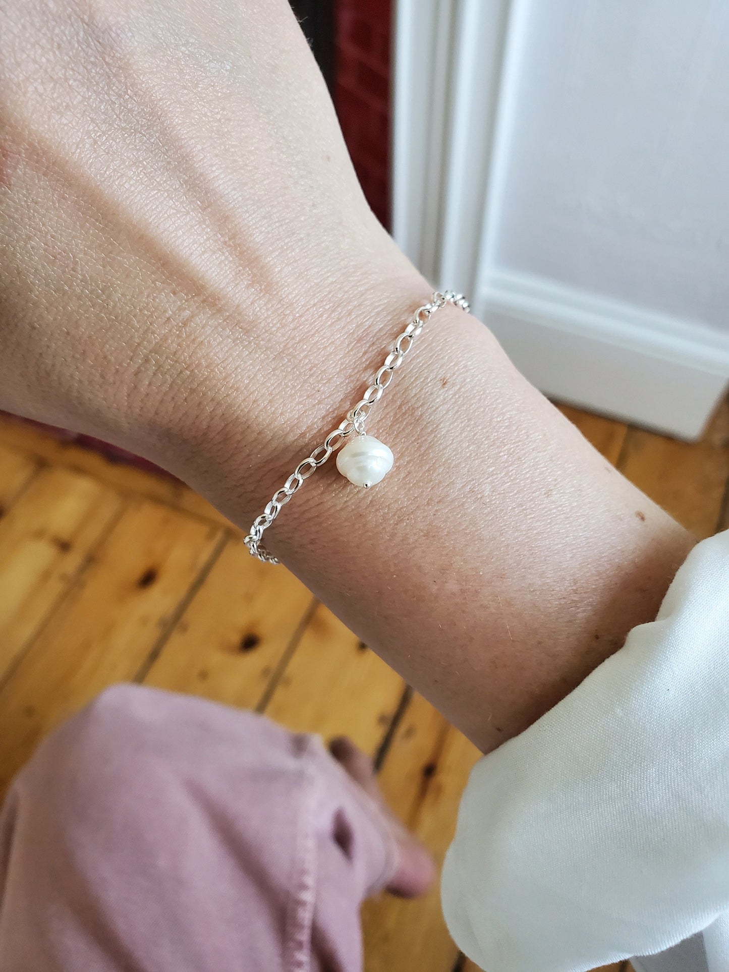 Sterling Silver & Pearl Chain Bracelet