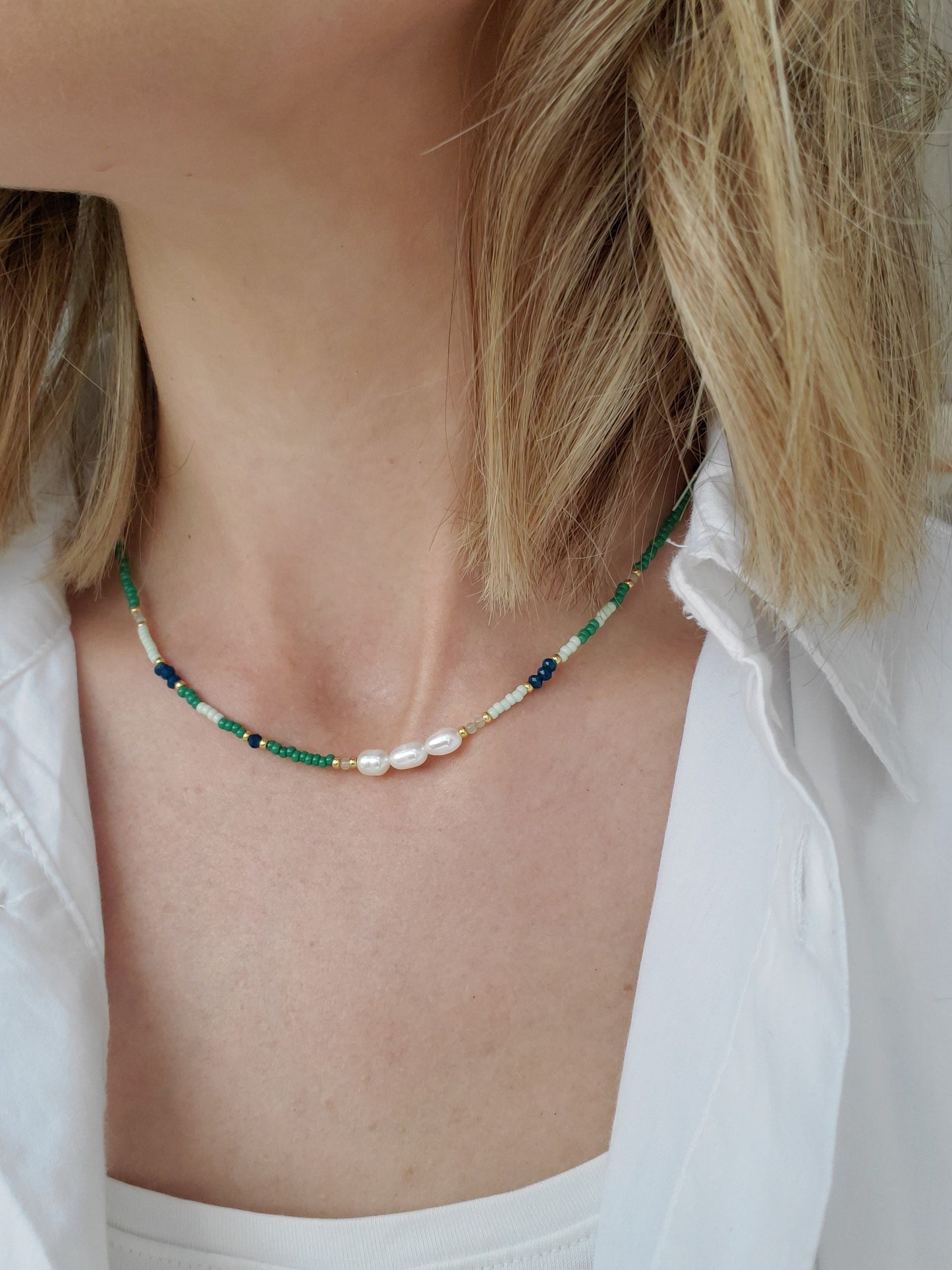 Green Mix Beaded Pearl Necklace