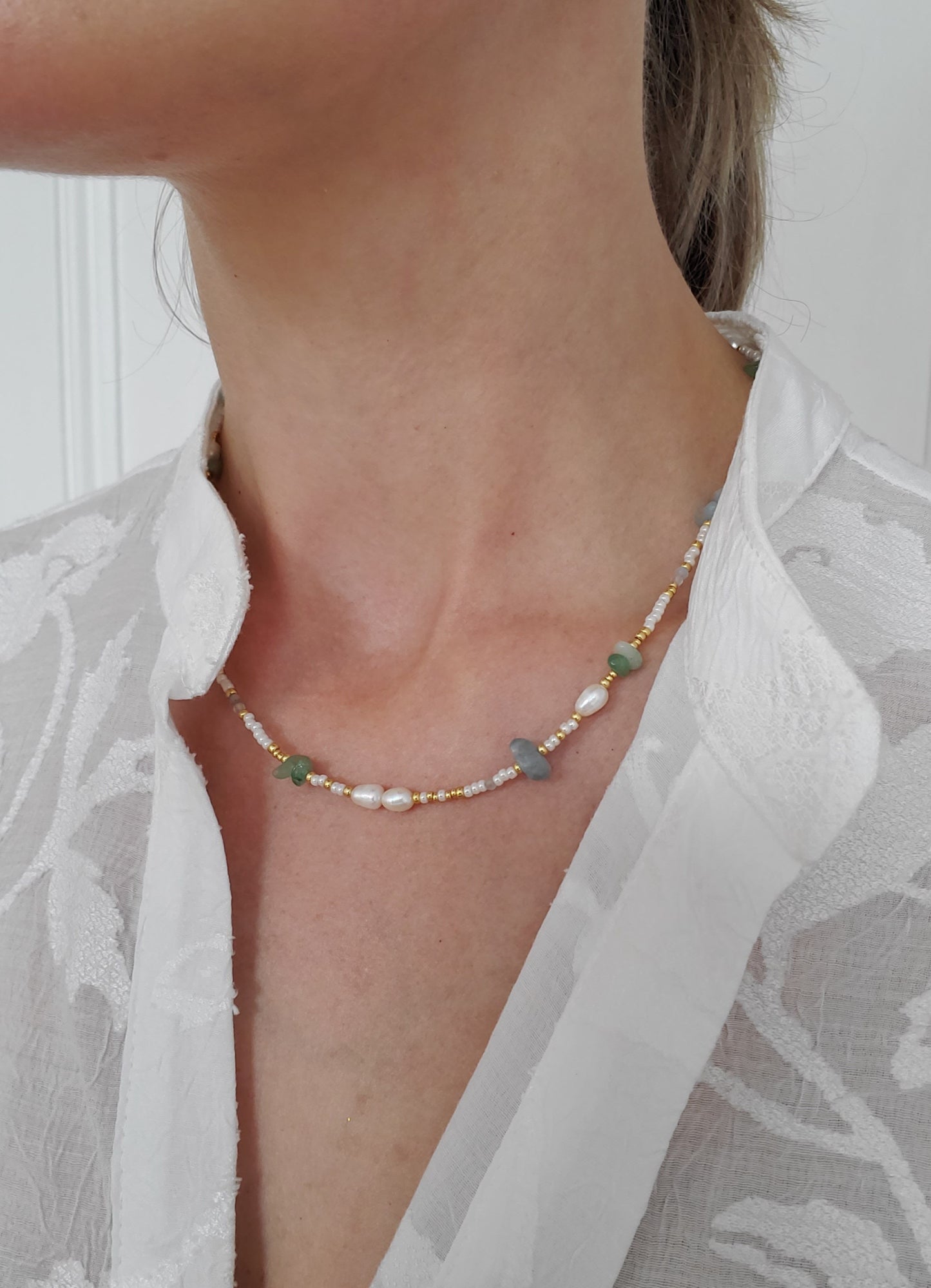 Gemstone and Pearl Gold Mix Necklace