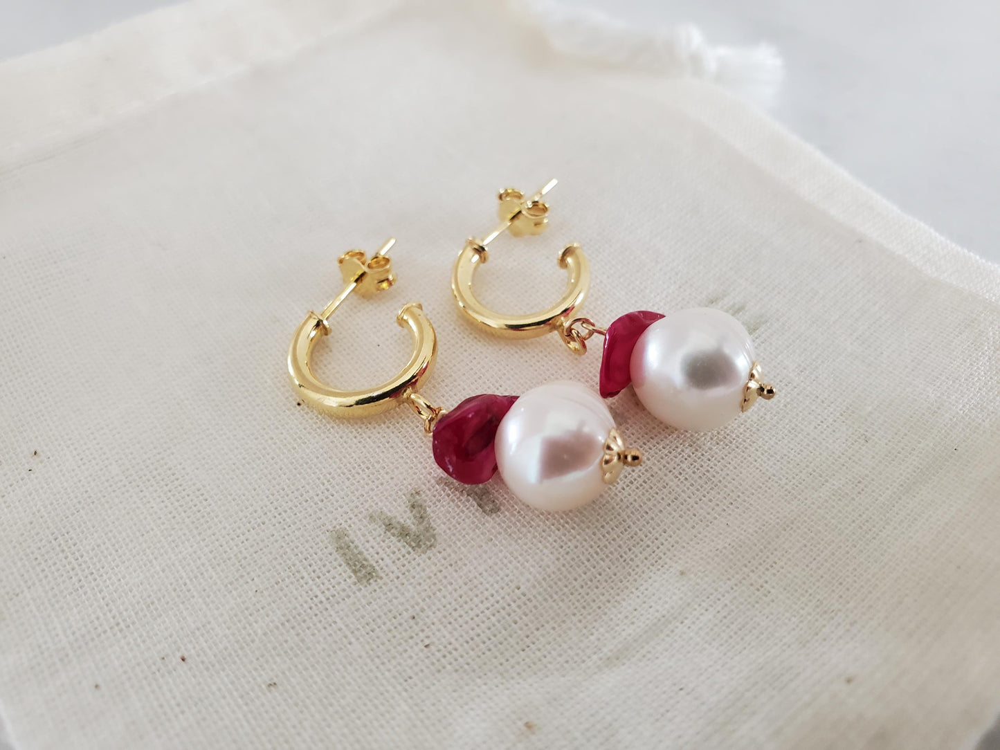 Freshwater Pearl and Pink Gemstone Gold Hoop Earrings - 18ct Gold Vermeil