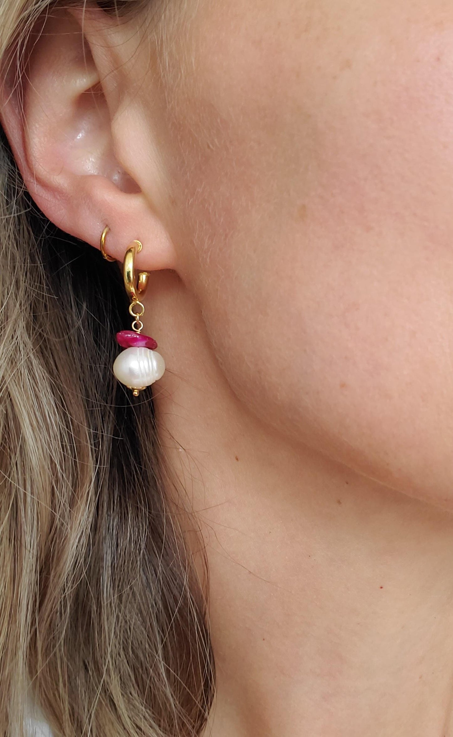 Freshwater Pearl and Pink Gemstone Gold Hoop Earrings - 18ct Gold Vermeil