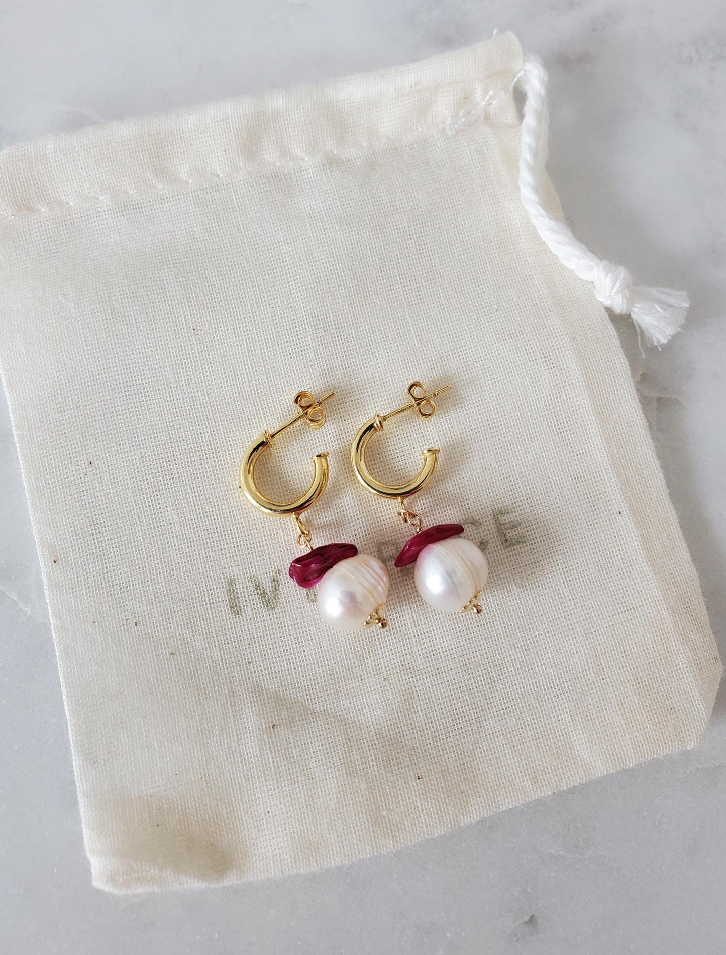 Freshwater Pearl and Pink Gemstone Gold Hoop Earrings - 18ct Gold Vermeil