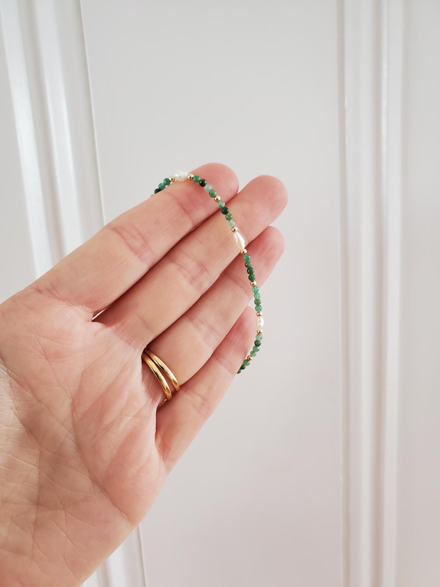 Green Jade & Pearl Beaded Bracelet  - 14ct Gold-Filled