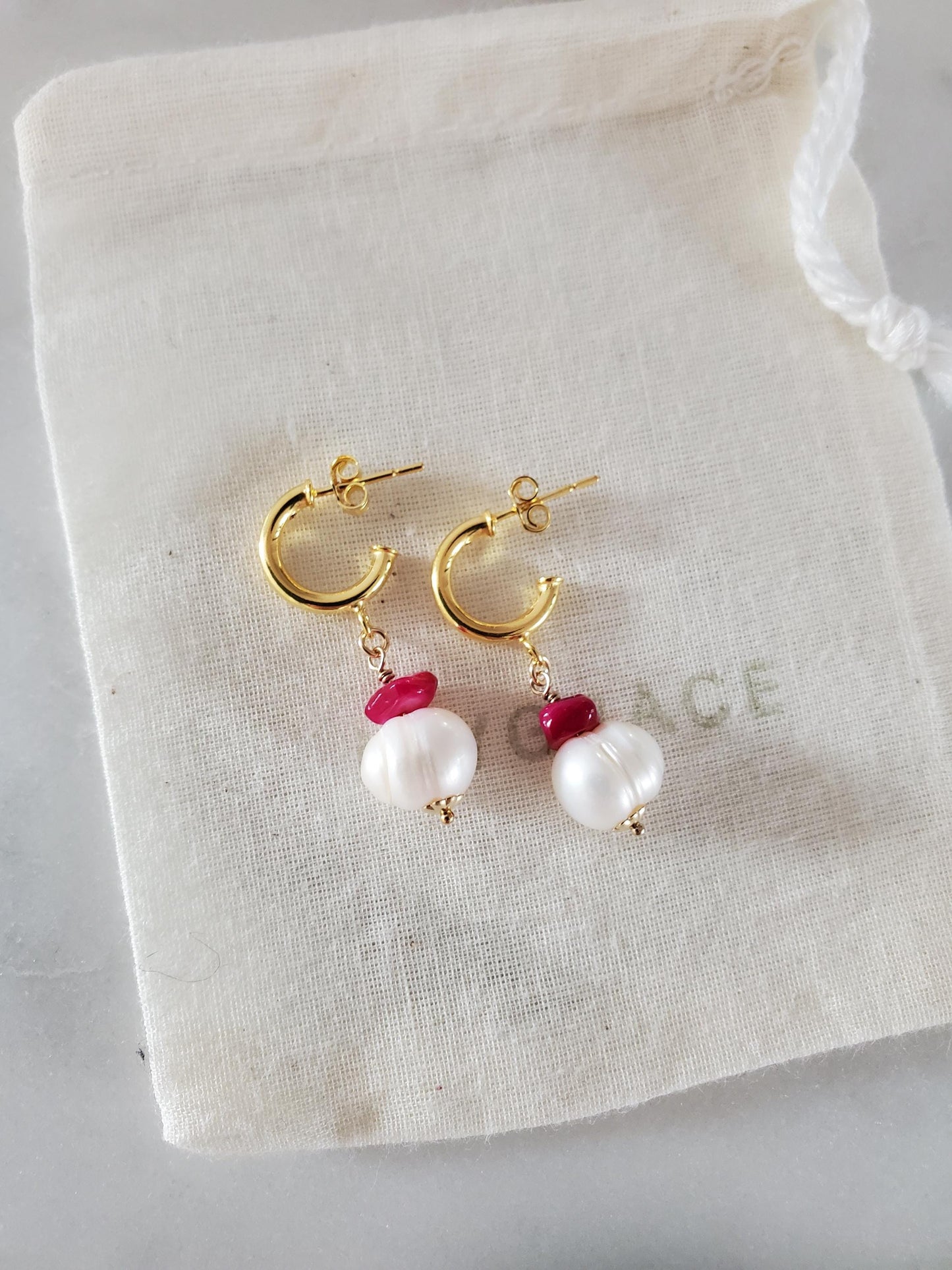 Freshwater Pearl and Pink Gemstone Gold Hoop Earrings - 18ct Gold Vermeil