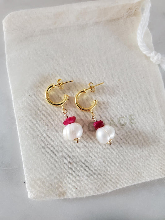 Freshwater Pearl and Pink Gemstone Gold Hoop Earrings - 18ct Gold Vermeil