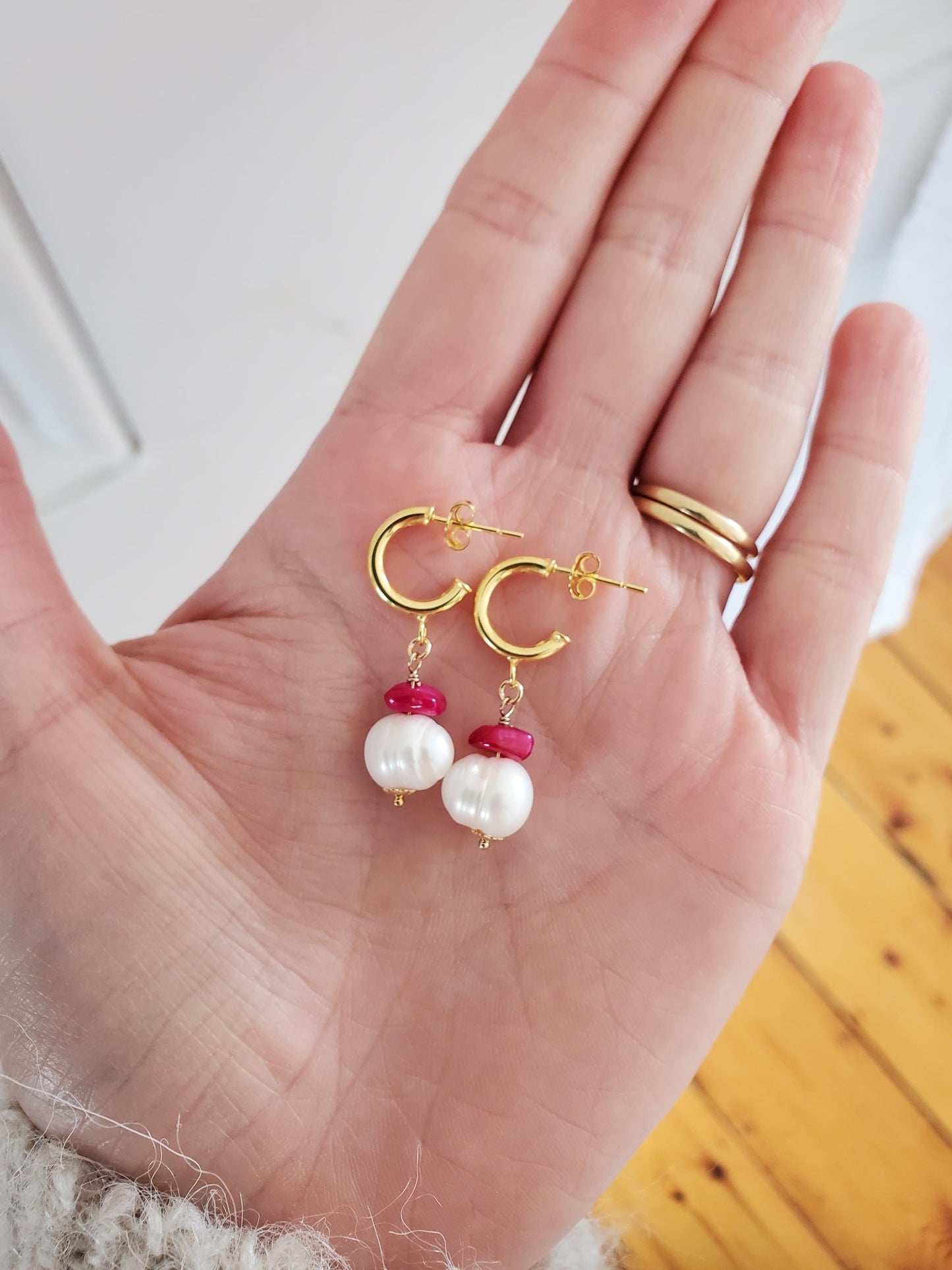 Freshwater Pearl and Pink Gemstone Gold Hoop Earrings - 18ct Gold Vermeil