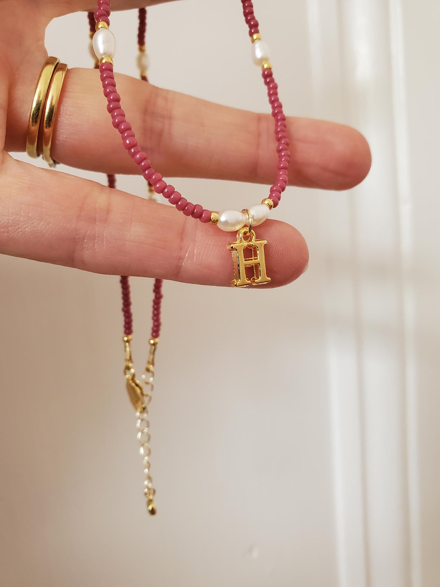 Gold Initial Purple Beaded Necklace