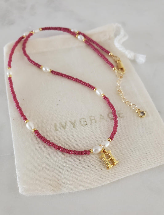 Gold Initial Purple Beaded Necklace