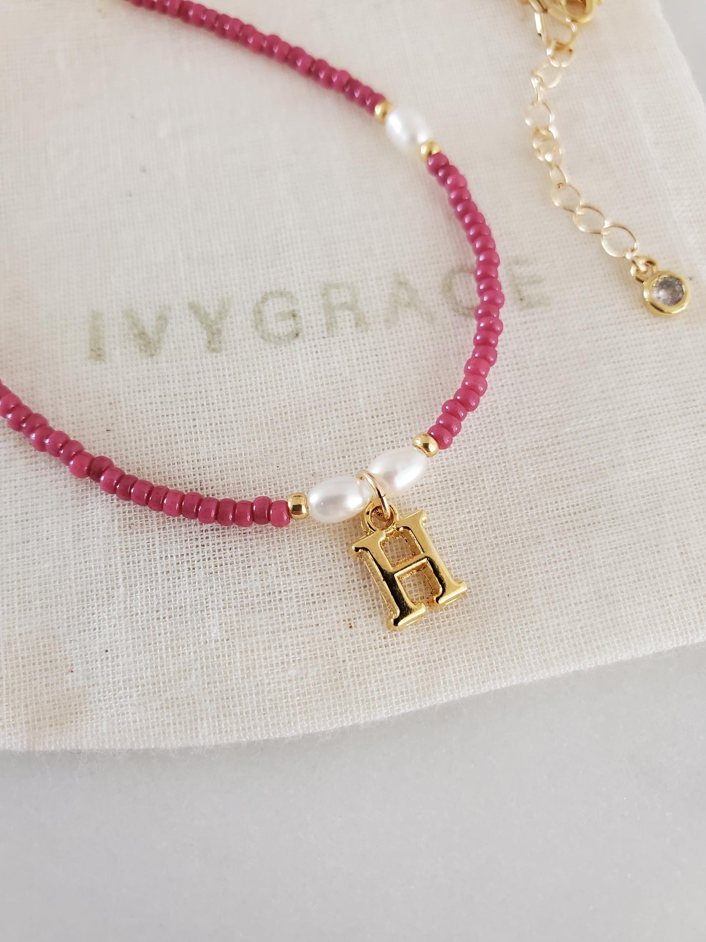Gold Initial Purple Beaded Necklace