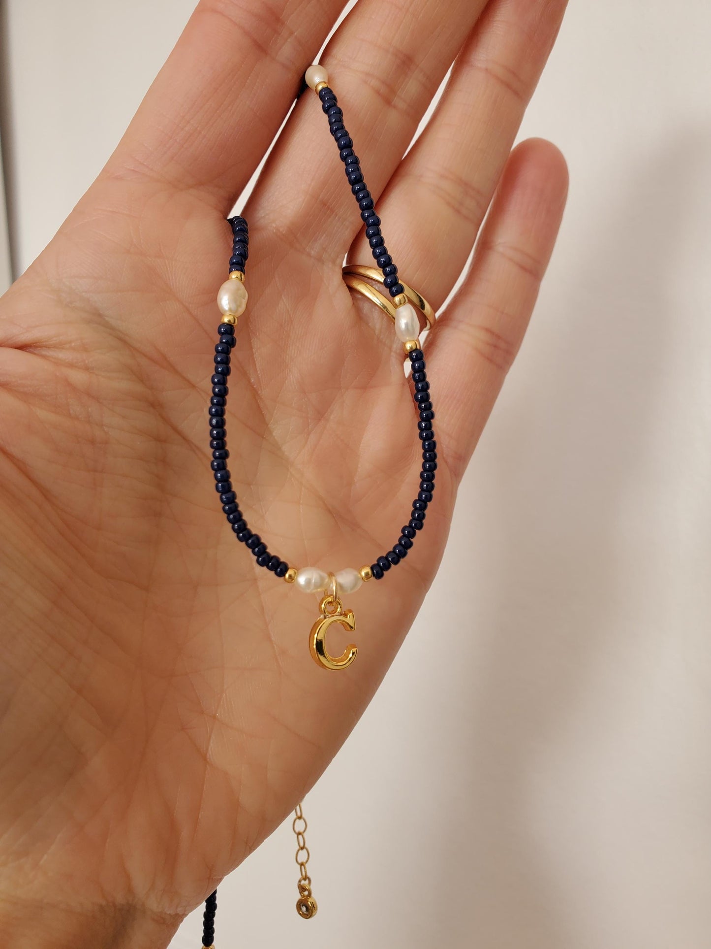 Gold Initial Navy Beaded Necklace
