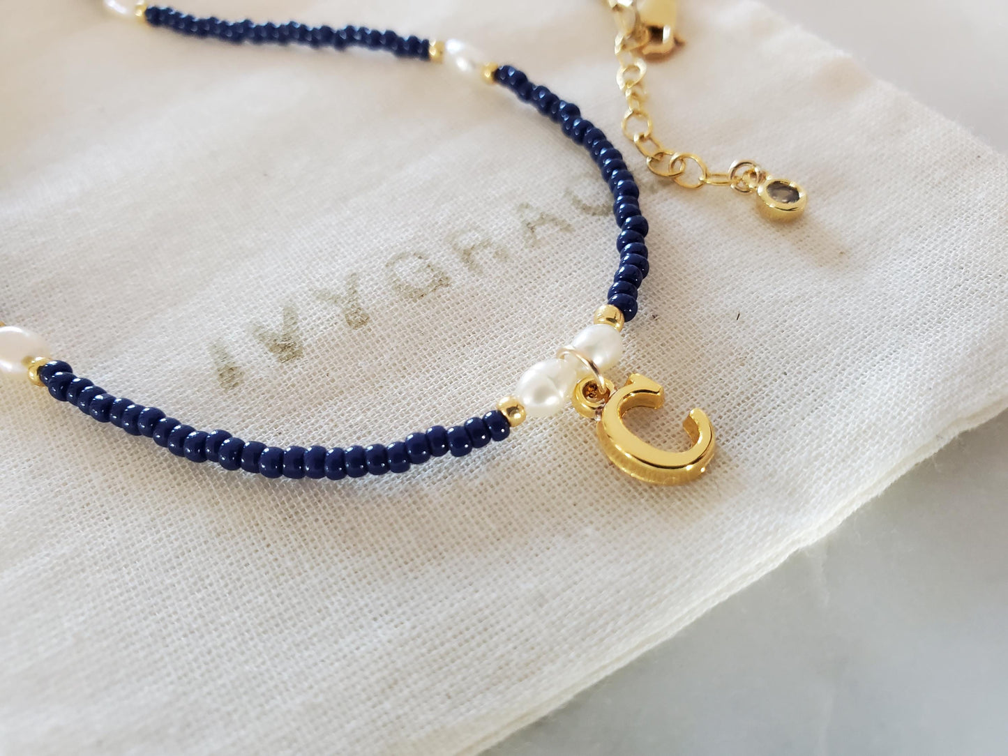 Gold Initial Navy Beaded Necklace