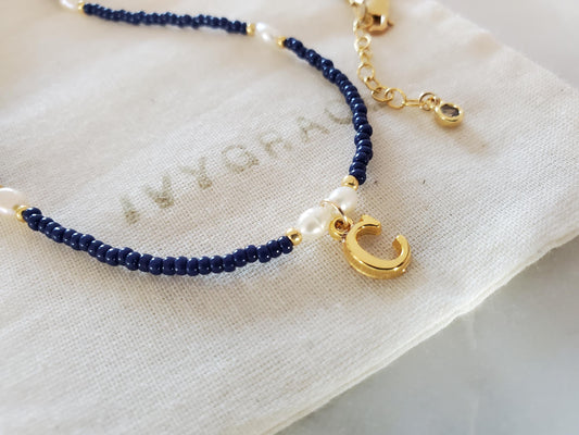 Gold Initial Navy Beaded Necklace