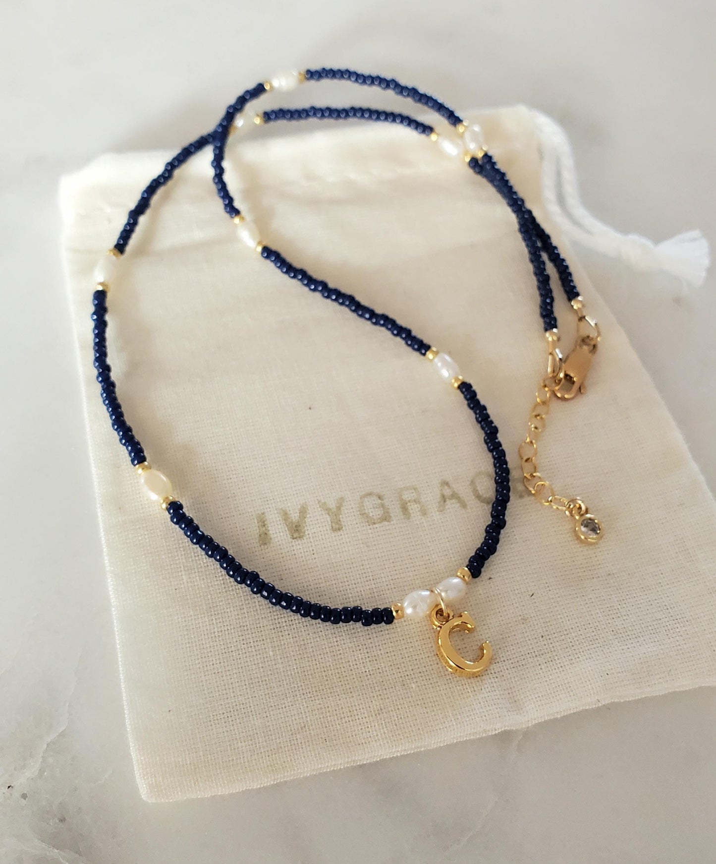 Gold Initial Navy Beaded Necklace