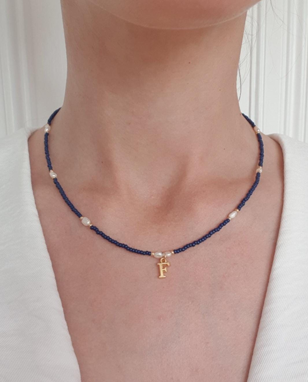 Gold Initial Navy Beaded Necklace