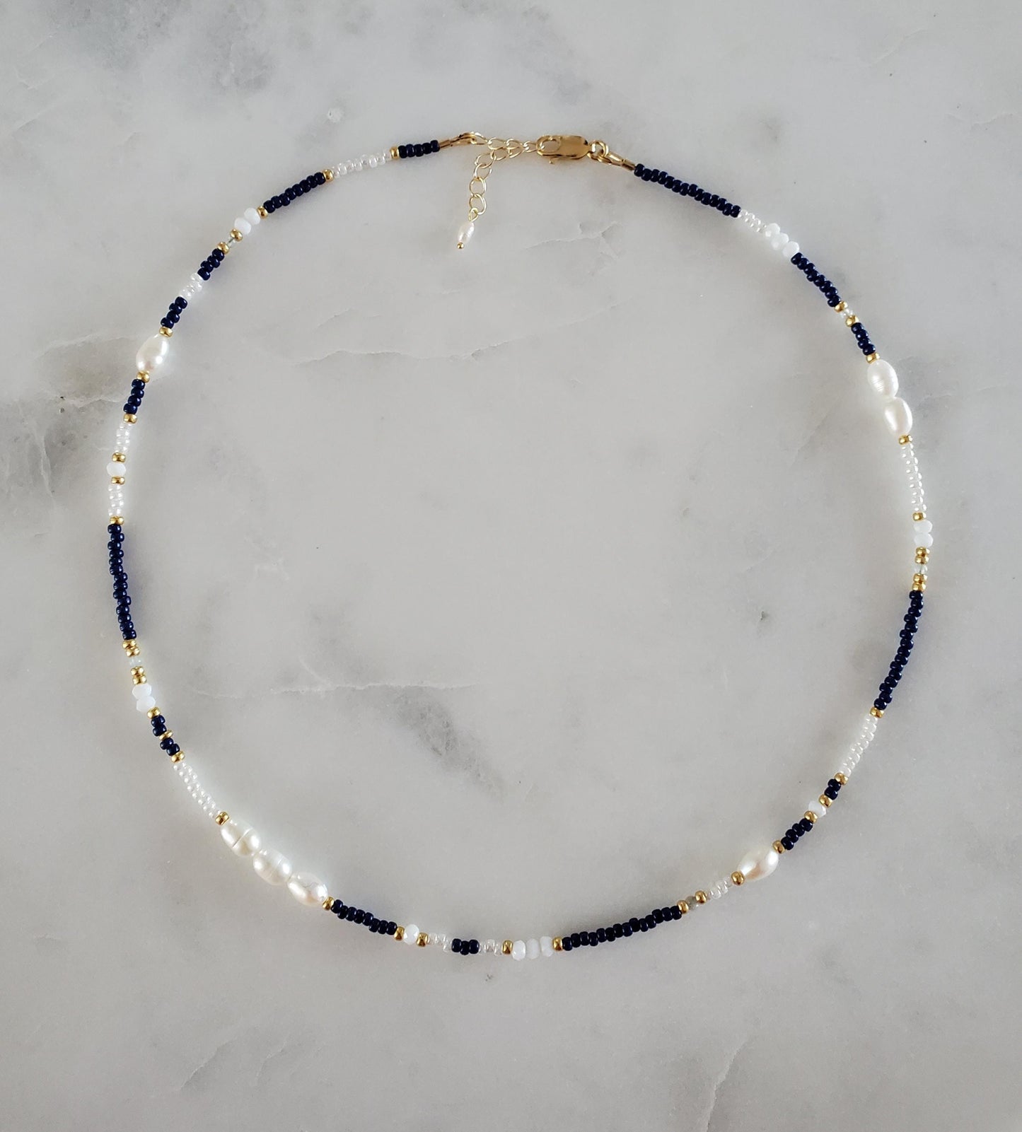 Navy Blue Mix Beaded Pearl Necklace