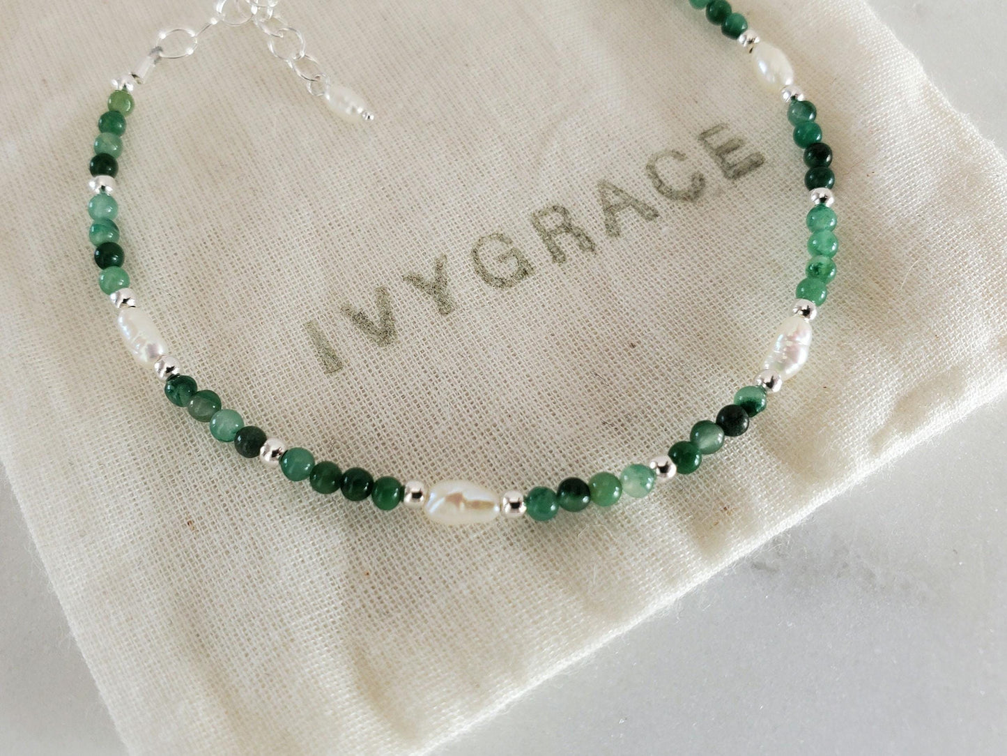 Green Jade & Pearl Beaded Bracelet - Sterling Silver