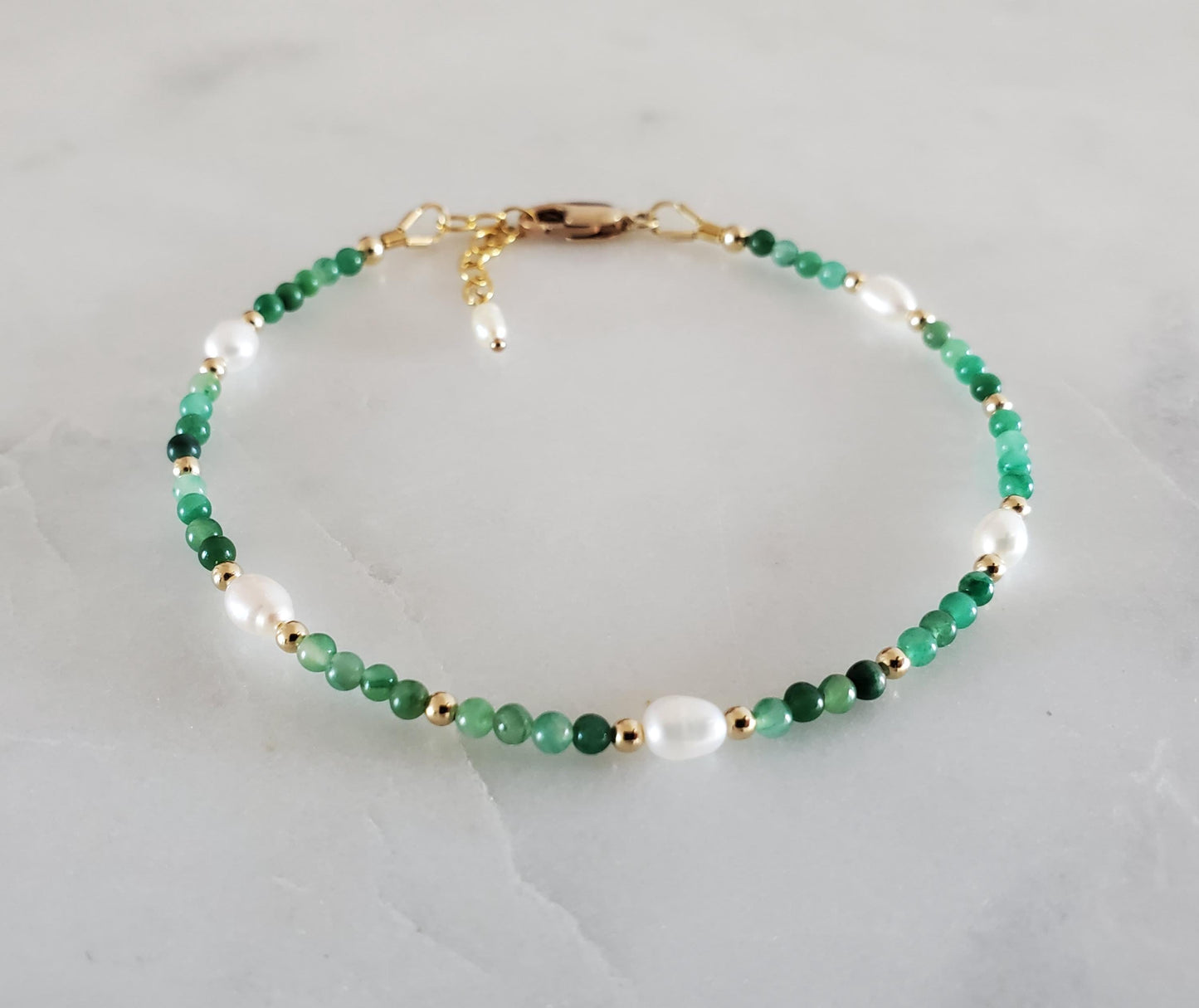 Green Jade & Pearl Beaded Bracelet  - 14ct Gold-Filled