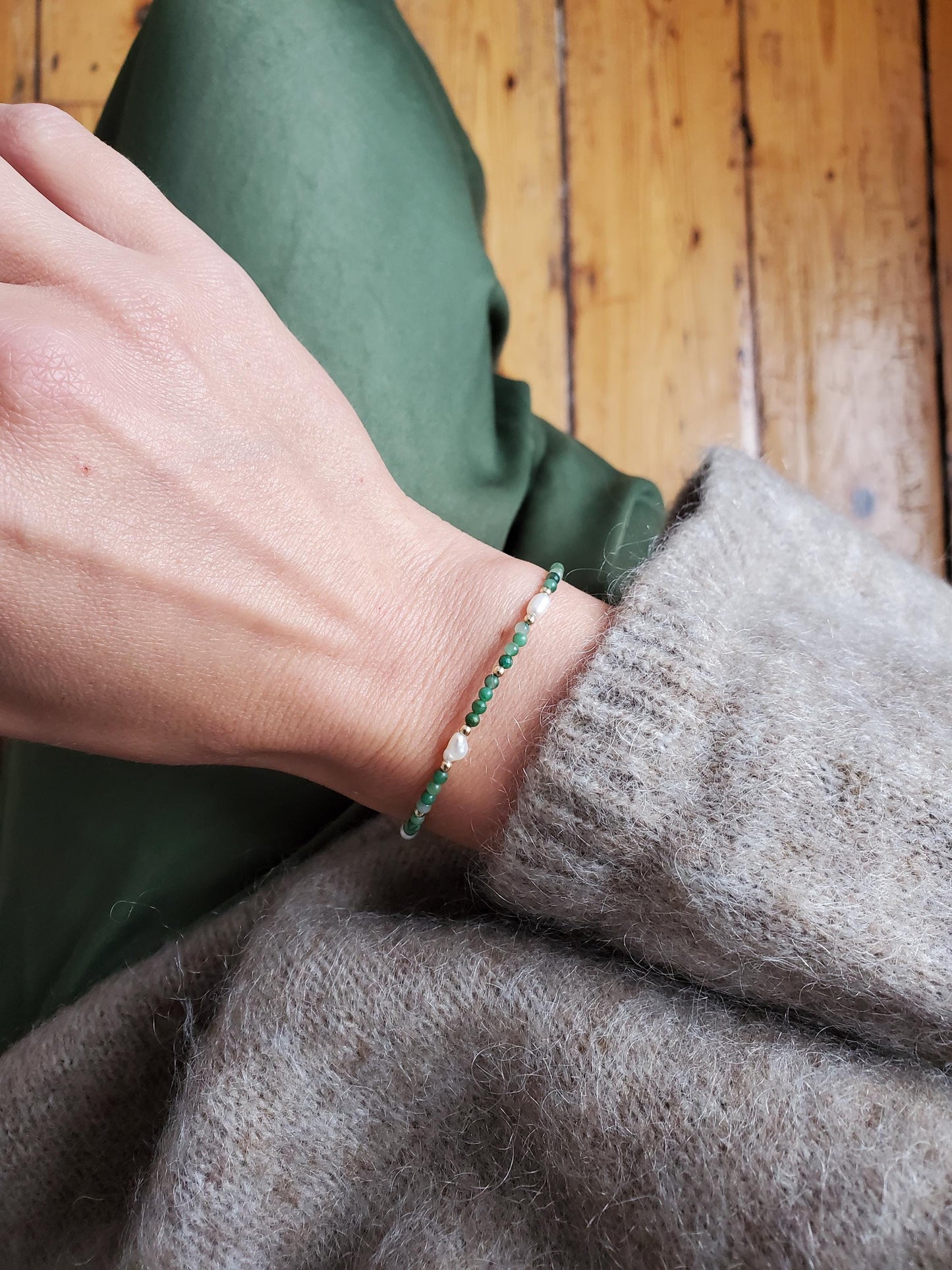 Green Jade & Pearl Beaded Bracelet  - 14ct Gold-Filled