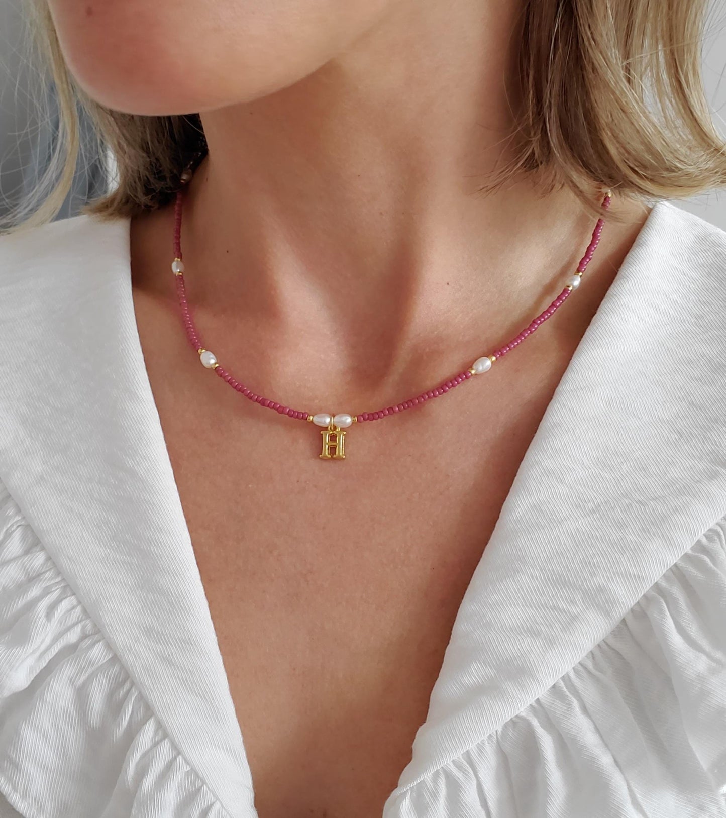 Gold Initial Purple Beaded Necklace