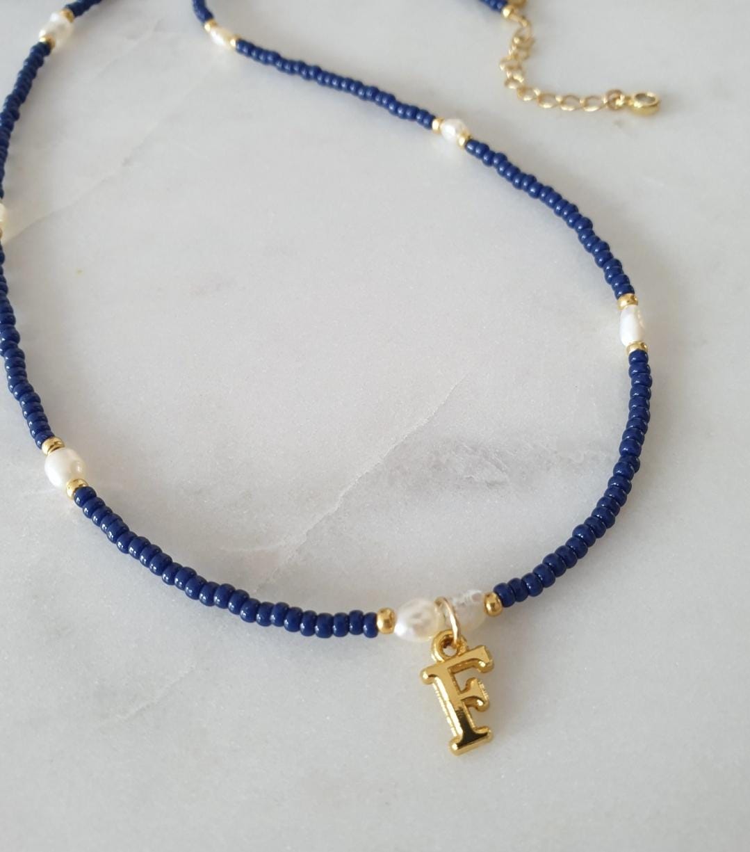 Gold Initial Navy Beaded Necklace
