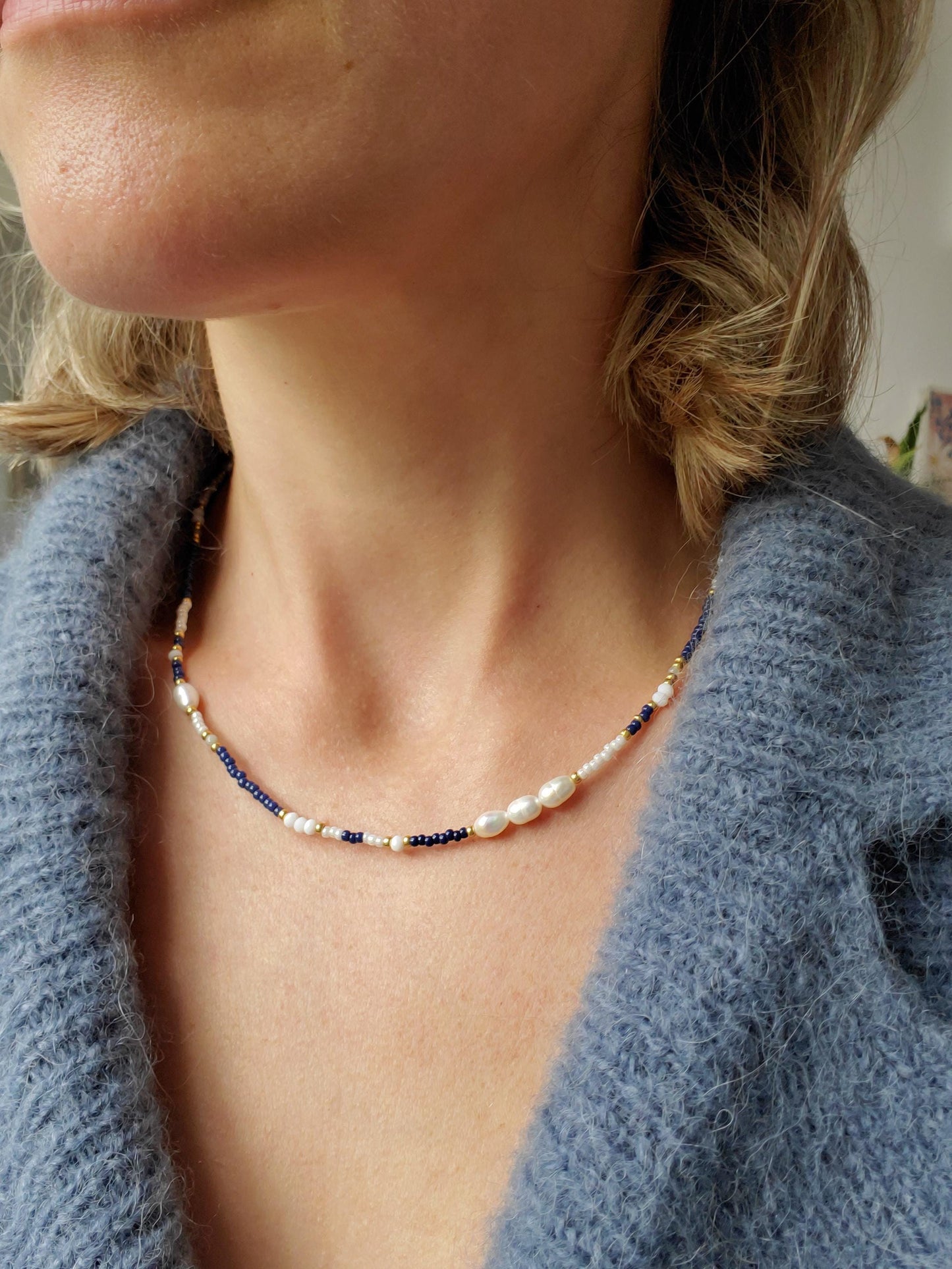 Navy Blue Mix Beaded Pearl Necklace