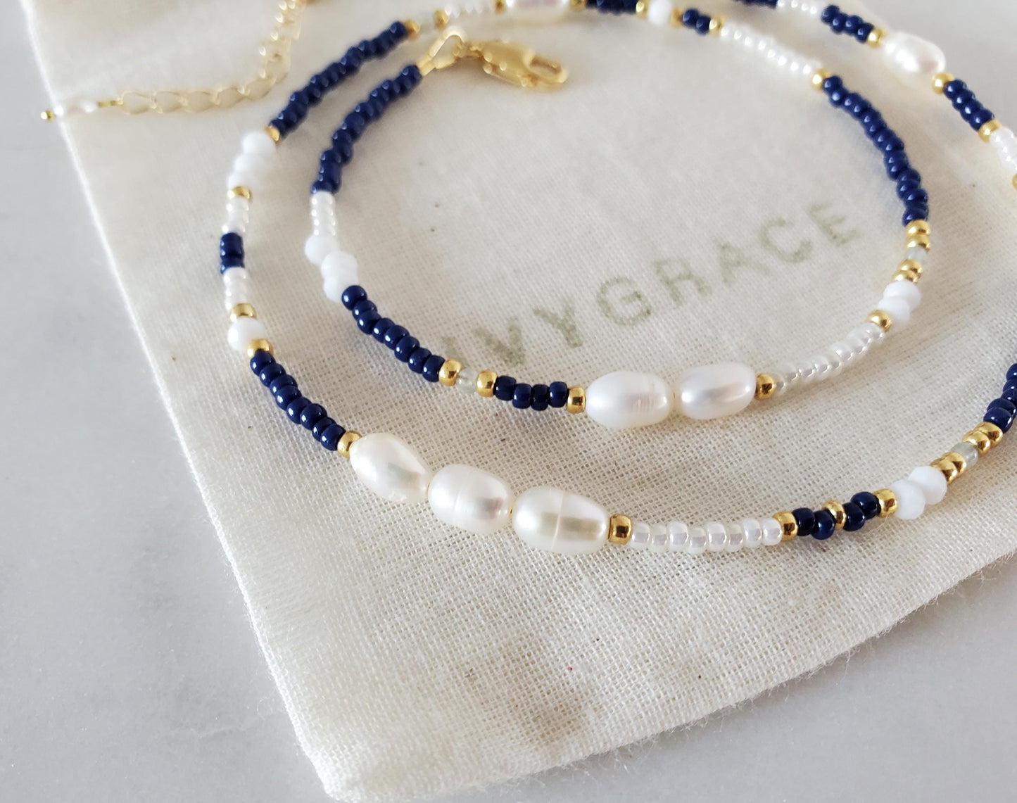 Navy Blue Mix Beaded Pearl Necklace