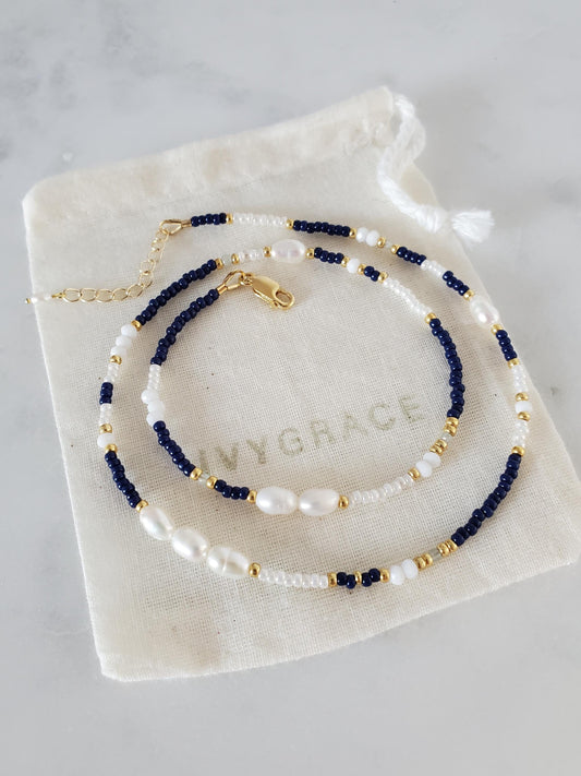 Navy Blue Mix Beaded Pearl Necklace