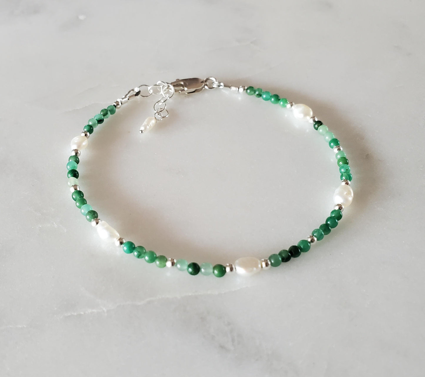 Green Jade & Pearl Beaded Bracelet - Sterling Silver