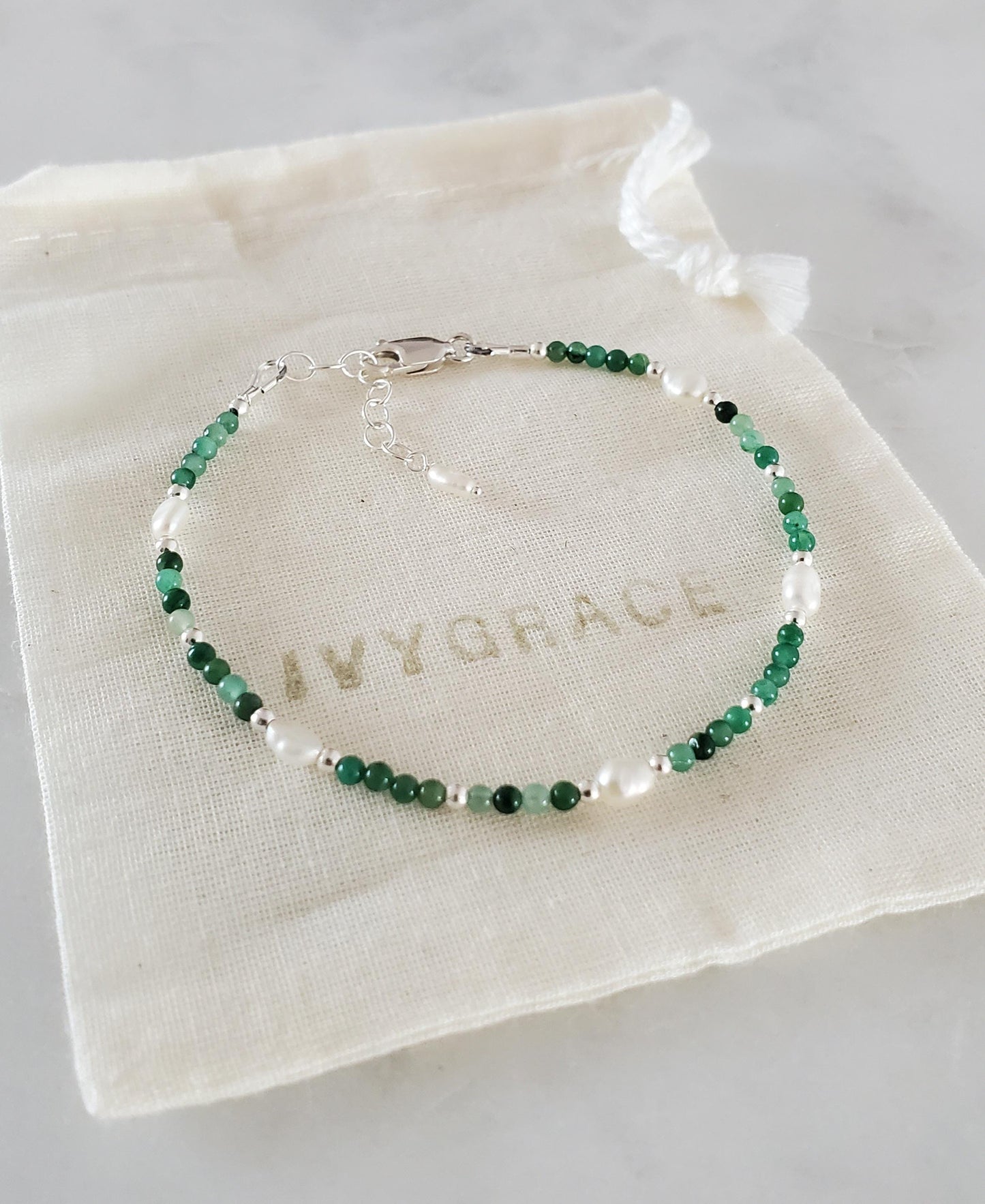 Green Jade & Pearl Beaded Bracelet - Sterling Silver